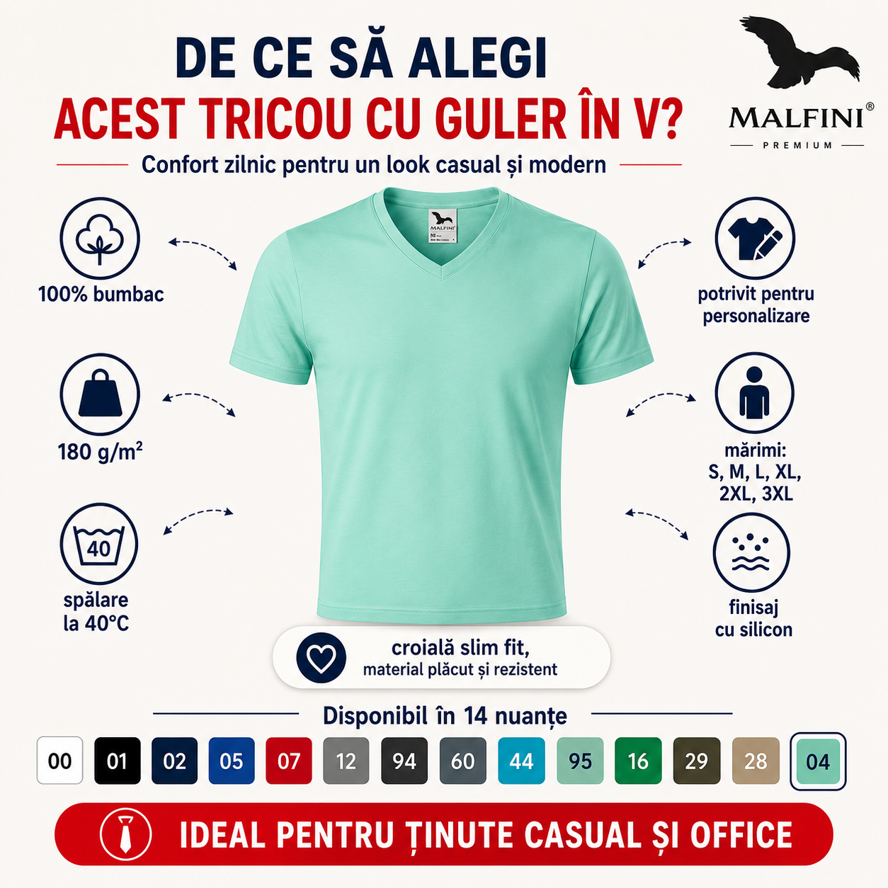 Tricou bărbați Malfini 146 cu guler &icirc;n V, premium, 100% bumbac, slim fit, disponibil &icirc;n 14 culori